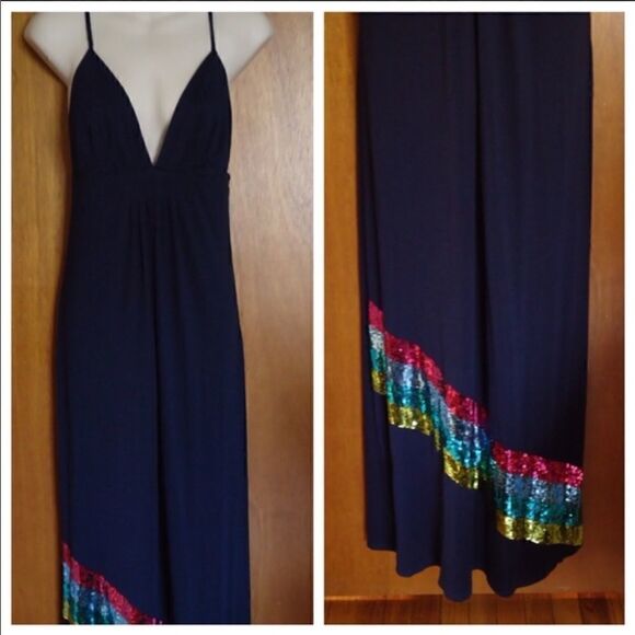 NWT Julie Brown Rainbow Navy Sequin Maxi Dress L - Picture 1 of 7
